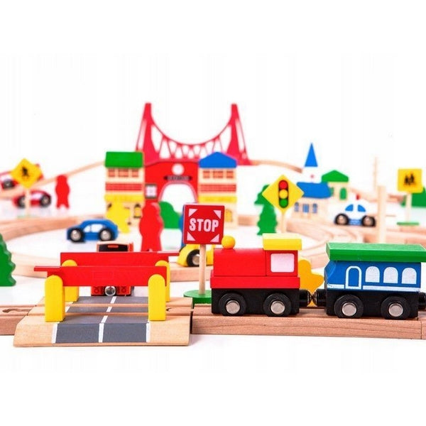 Joc Circuit din lemn, ECOTOYS HM014665, cu trenulet si masinute, 90 de elemente