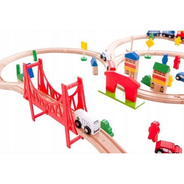 Joc Circuit din lemn, ECOTOYS HM014665, cu trenulet si masinute, 90 de elemente