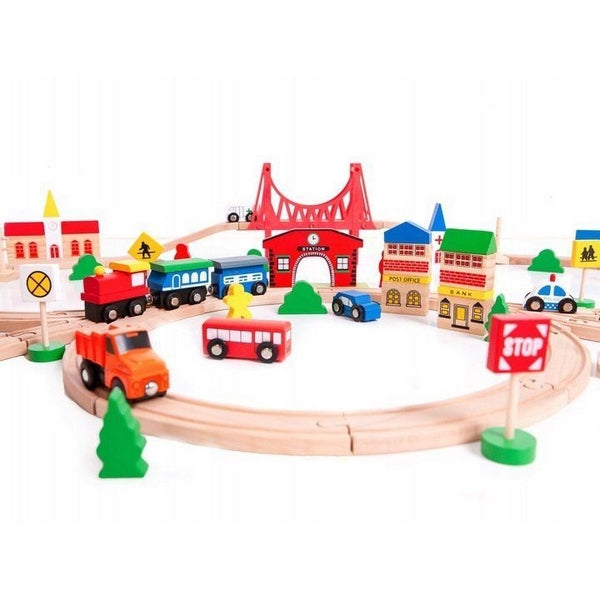 Joc Circuit din lemn, ECOTOYS HM014665, cu trenulet si masinute, 90 de elemente