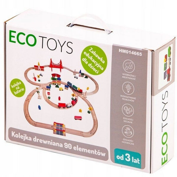 Joc Circuit din lemn, ECOTOYS HM014665, cu trenulet si masinute, 90 de elemente