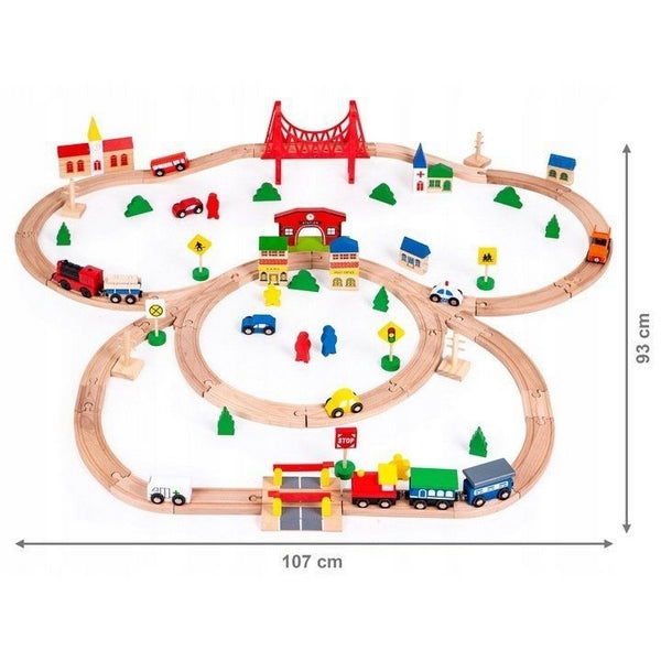 Joc Circuit din lemn, ECOTOYS HM014665, cu trenulet si masinute, 90 de elemente