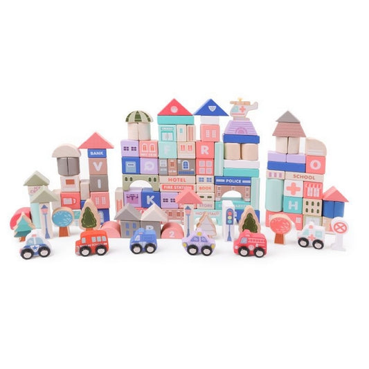 Set cuburi de constructii creative Ecotoys HM015220, din lemn, 115 blocuri