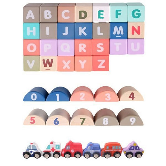 Set cuburi de constructii creative Ecotoys HM015220, din lemn, 115 blocuri