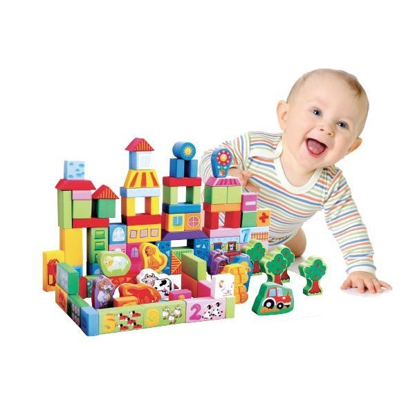 Blocuri de lemn educationale ECOTOYS 100 de piese Ferma