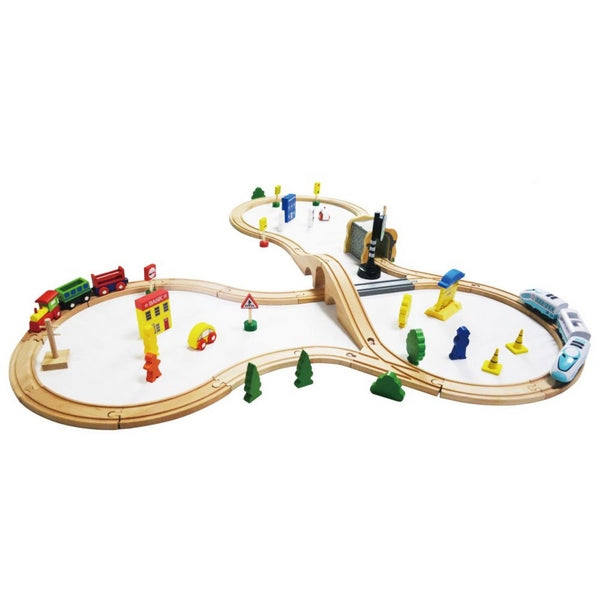 Jucarie cale ferata din lemn cu tren cu baterii Ecotoys HM015147, 69 elemente, multicolor