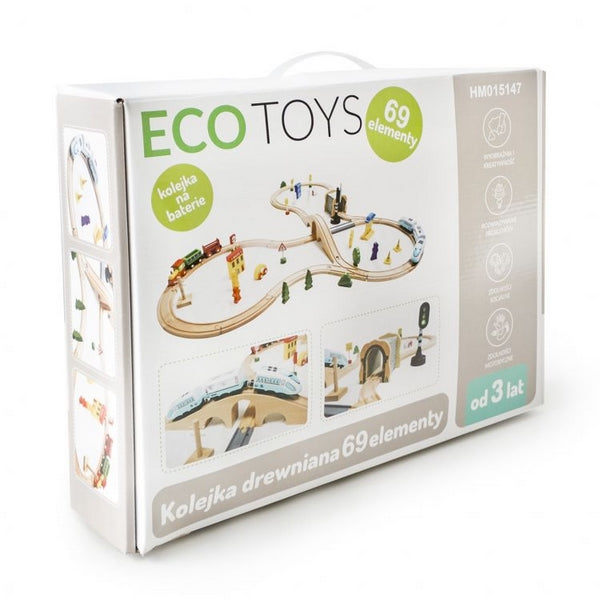 Jucarie cale ferata din lemn cu tren cu baterii Ecotoys HM015147, 69 elemente, multicolor