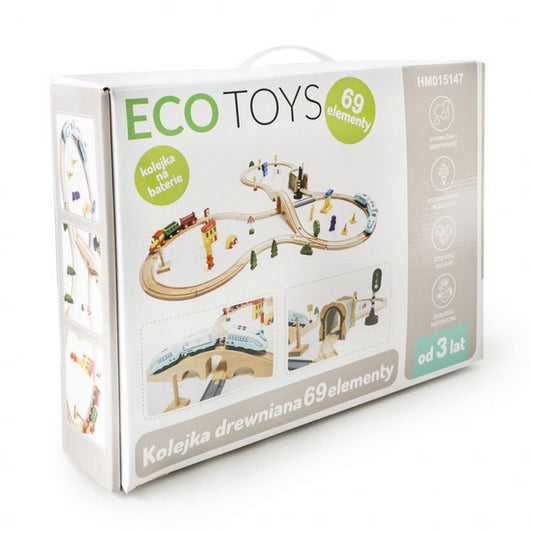 Jucarie cale ferata din lemn cu tren cu baterii Ecotoys HM015147, 69 elemente, multicolor