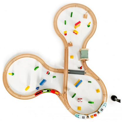 Jucarie cale ferata din lemn cu tren cu baterii Ecotoys HM015147, 69 elemente, multicolor