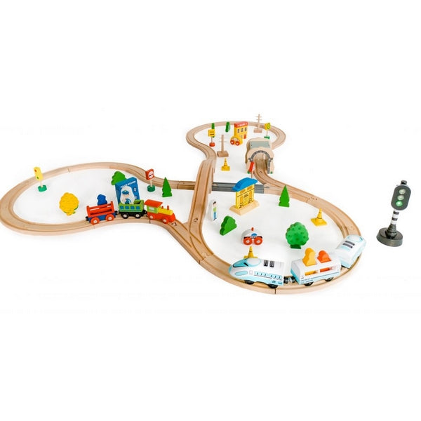 Jucarie cale ferata din lemn cu tren cu baterii Ecotoys HM015147, 69 elemente, multicolor