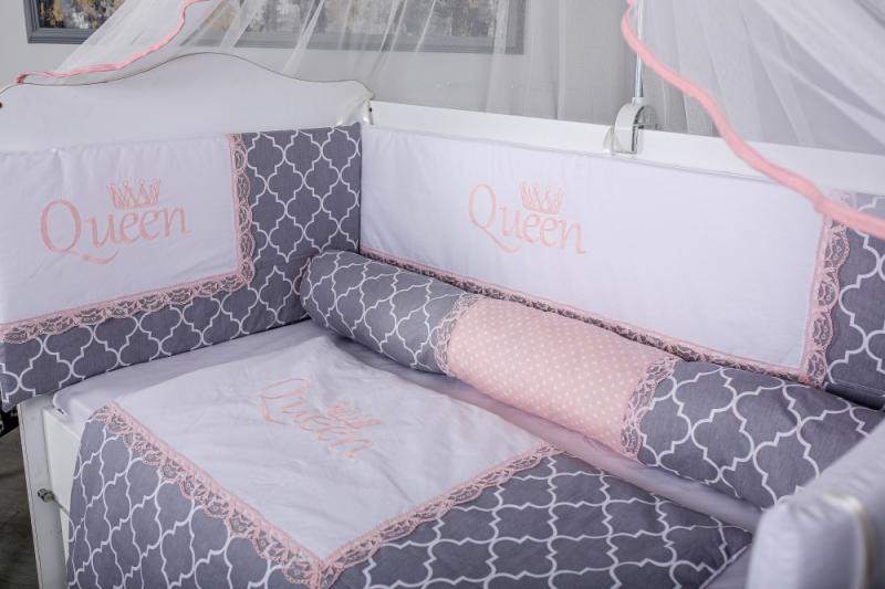 Lenjerie MyKids 10 piese Queen gri-roz cu baldachin 120x60 cm
