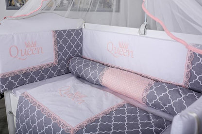 Lenjerie MyKids 10 piese Queen gri-roz cu baldachin 120x60 cm