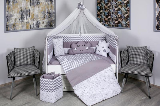 Lenjerie MyKids 10 piese Cloud gri-alb fara baldachin 120x60 cm
