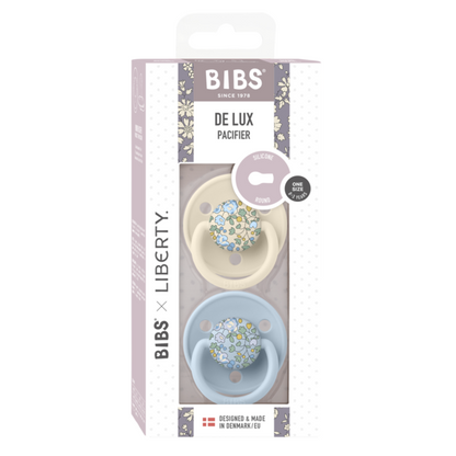 BIBS x LIBERTY - Set 2 suzete De Lux Eloise Silicon, tetina rotunda, marime universala-Baby Blue/Ivory