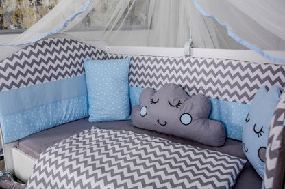 Lenjerie MyKids 10 piese Cloud gri-albastru fara baldachin 120x60 cm