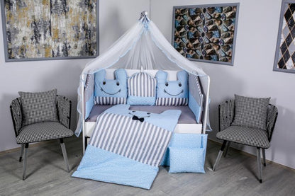 Lenjerie MyKids 11piese Figures gri-albastru cu  baldachin 120x60 cm