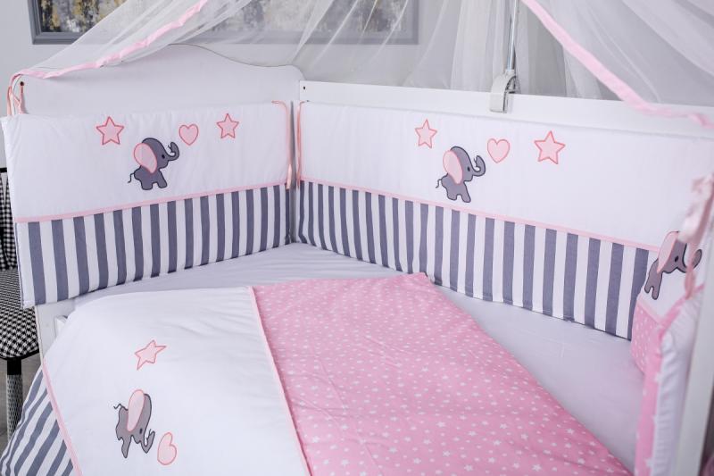 Lenjerie MyKids 11  piese Elephant gri-roz cu baldachin 120x60 cm