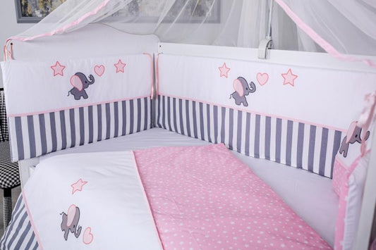Lenjerie MyKids 11  piese Elephant gri-roz cu baldachin 120x60 cm