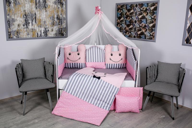 Lenjerie MyKids 11 piese Figures gri-roz  cu baldachin 120x60 cm
