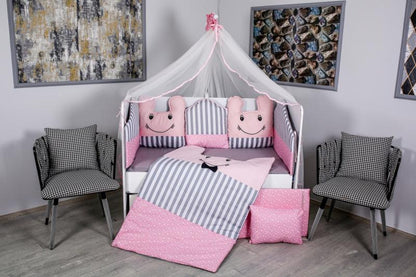 Lenjerie MyKids 11 piese Figures gri-roz  cu baldachin 120x60 cm