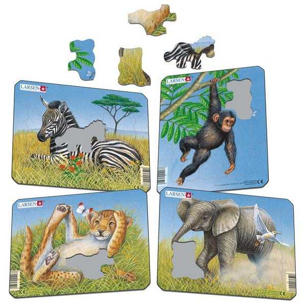 Set 4 Puzzle-uri Animale: Leu, Elefant, Maimuta, Zebra, 9 piese Larsen LRM9-NO