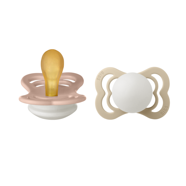 BIBS - Set 2 suzete Supreme Fosforescente GLOW Latex, tetina simetrica, 0 luni +-Blush/Vanilla