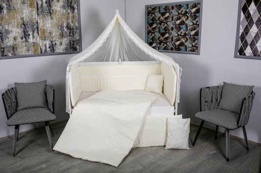 Lenjerie MyKids 11 piese Cream color cu baldachin 120x60 cm