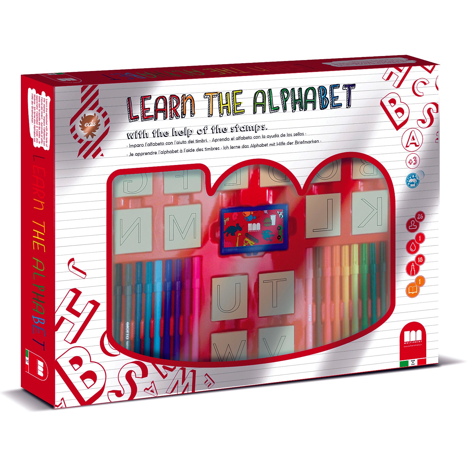 Set educativ cu stampile Alfabet 46 piese, 26 stampile, tus, 18 carioci  Multiprint MP1941