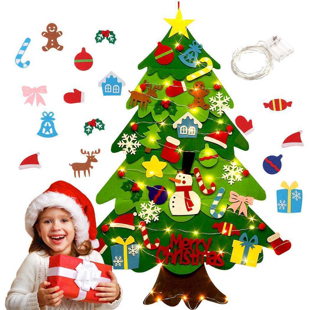 Brad de Craciun din Fetru in 2 culori, 100x70cm, 30 decoratiuni si banda LED inclusa Bambinice BN037