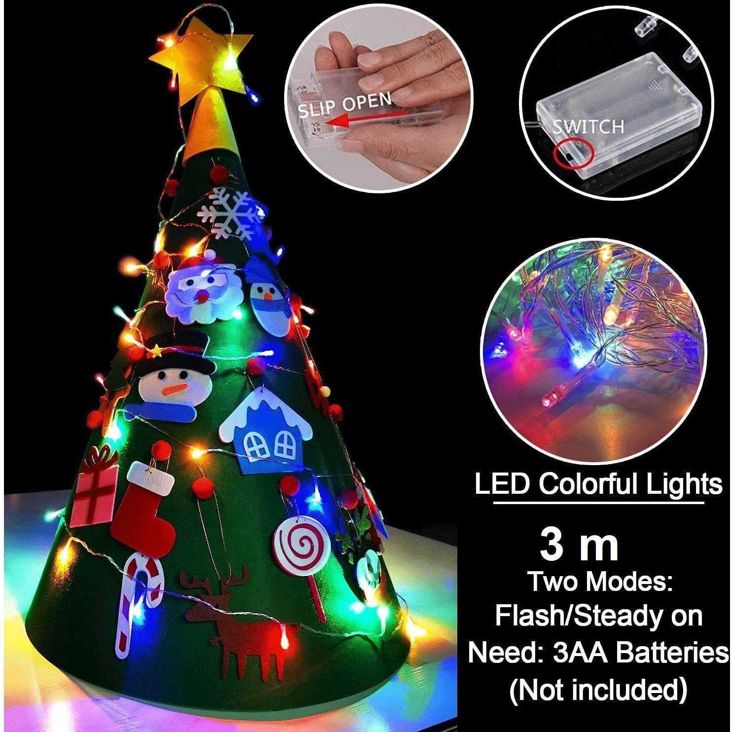 Brad de Craciun din Fetru model Conic 3D, 75x50 cm, 18 decoratiuni si banda LED inclusa Bambinice BN038