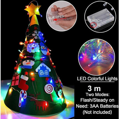 Brad de Craciun din Fetru model Conic 3D, 75x50 cm, 18 decoratiuni si banda LED inclusa Bambinice BN038