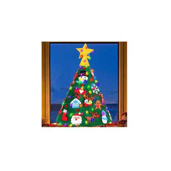 Brad de Craciun din Fetru model Conic 3D, 75x50 cm, 18 decoratiuni si banda LED inclusa Bambinice BN038