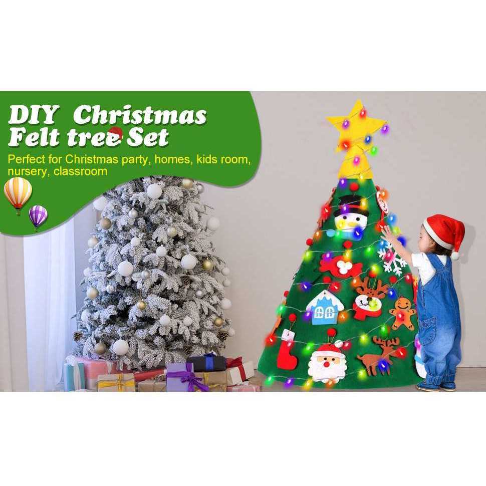 Brad de Craciun din Fetru model Conic 3D, 75x50 cm, 18 decoratiuni si banda LED inclusa Bambinice BN038