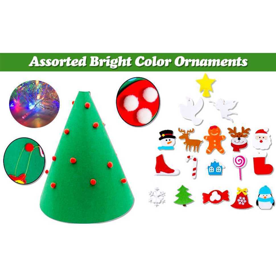 Brad de Craciun din Fetru model Conic 3D, 75x50 cm, 18 decoratiuni si banda LED inclusa Bambinice BN038