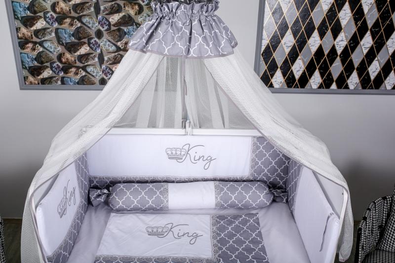 Lenjerie MyKids 10 piese King gri-alb cu baldachin 120x60 cm