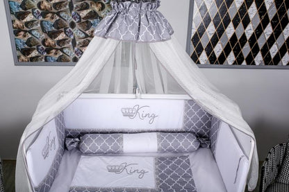 Lenjerie MyKids 10 piese King gri-alb cu baldachin 120x60 cm