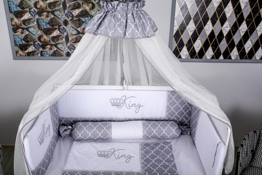 Lenjerie MyKids 10 piese King gri-alb cu baldachin 120x60 cm
