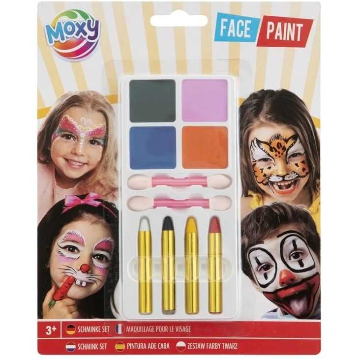 Set Pictura pe Fata pentru Copii - 10 Piese: 4 Vopsele, 4 Creioane, 2 Aplicatoare Moxy GR730002