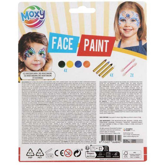 Set Pictura pe Fata pentru Copii - 10 Piese: 4 Vopsele, 4 Creioane, 2 Aplicatoare Moxy GR730002