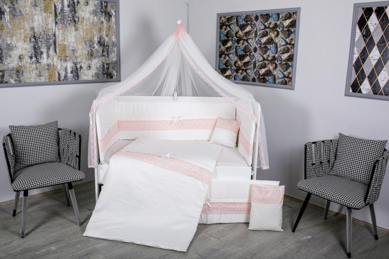 Lenjerie MyKids 11 piese Cream roz cu baldachin 120x60 cm