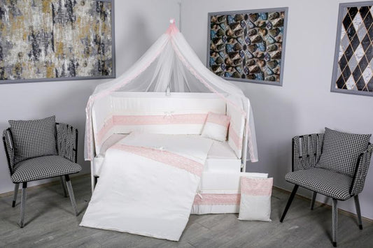 Lenjerie MyKids 11 piese Cream roz cu baldachin 120x60 cm