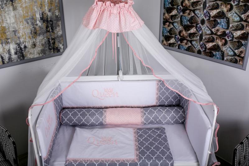 Lenjerie MyKids 10 piese Queen gri-roz cu baldachin 120x60 cm