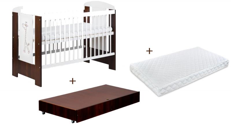 Patut cu sertar KLUPS Little Giraffe Wenge + Saltea 8 Mykids Confort II