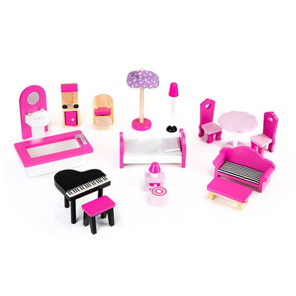 Casuta de papusi din lemn cu iluminare LED si mobilier Ecotoys HM006391