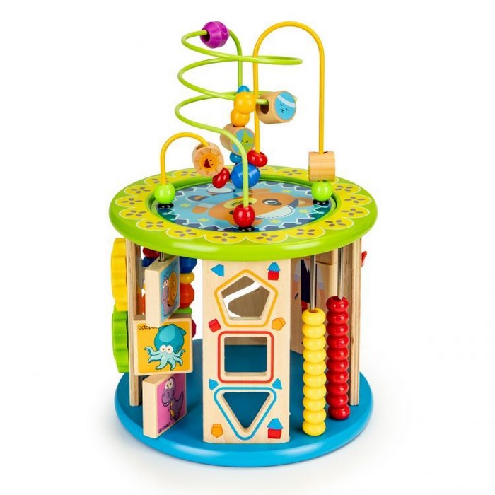 Cub educational din lemn cu jocuri, blocuri si pescuit Ecotoys HM175920