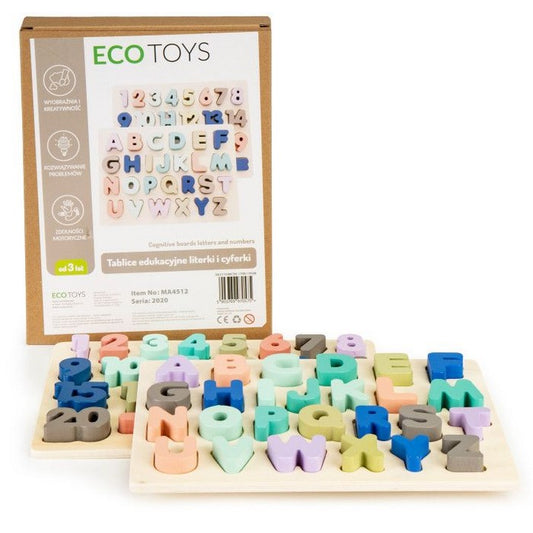 Tabla educationala din lemn cu cifre si litere - 51 de elemente Ecotoys MA4512
