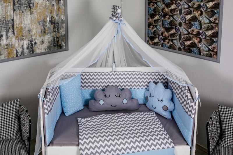 Lenjerie MyKids 10 piese Cloud gri-albastru fara baldachin 120x60 cm
