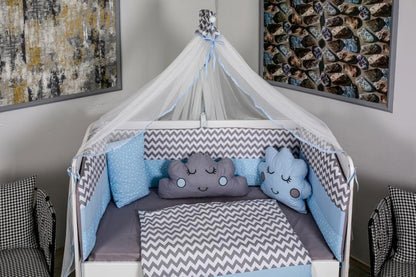 Lenjerie MyKids 10 piese Cloud gri-albastru fara baldachin 120x60 cm