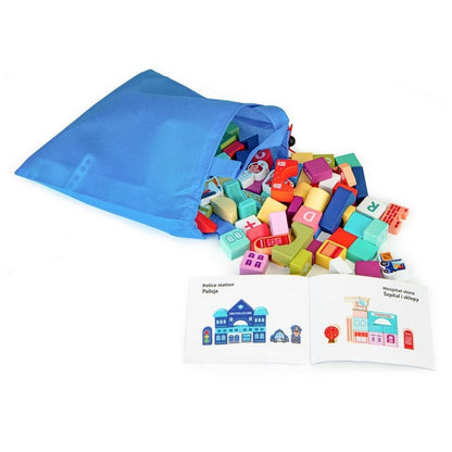 Centru de activitate orasel educational cu blocuri din lemn 121 piese Ecotoys MA427