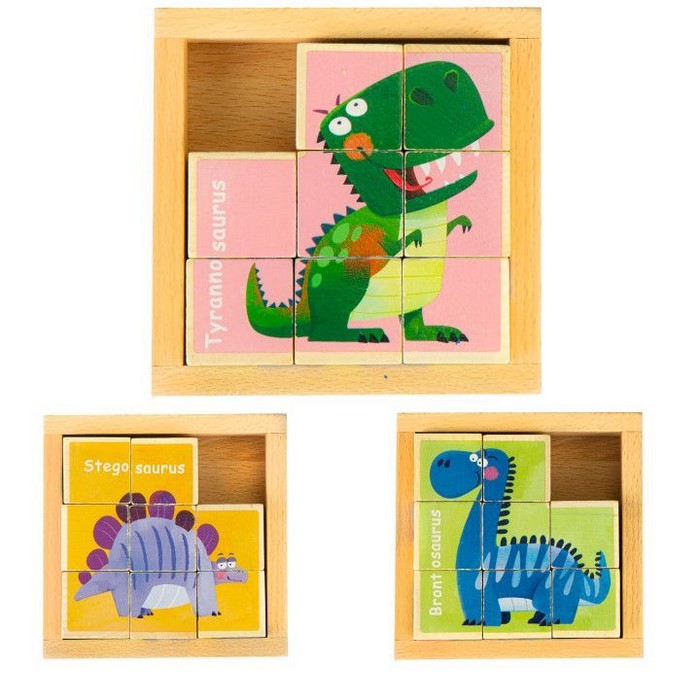 Cuburi educationale din lemn tip puzzle cu dinozauri Ecotoys MA442