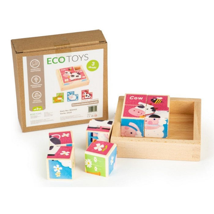 Cuburi educationale din lemn tip puzzle zoo Ecotoys MA443